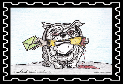 Cartoon: schreib mal wieder (medium) by schmidibus tagged brief,post,briefträger,schreiben,hund,beissen,arm,bulldogge,wild,tier,schrecklich,alptraum
