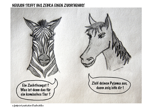 Cartoon: zebra und zuchthengst (medium) by schmidibus tagged ausziehen,pyjama,zuchthengst,zebra
