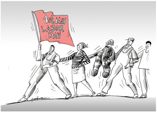 Cartoon: Greetings.1.May (medium) by firuzkutal tagged 1st,may,laborday,accident,mind,secure,labor,arbeichen,travailleur,worker,unemployment,dayanisma,solidaritycrisisisci,is,mayis,sol,left,flag