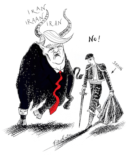 Cartoon: Spain denies cooperating (medium) by firuzkutal tagged spain,us,military,operations,in,iran,editorial,saynotowar,spain,us,military,operations,in,iran,editorial,saynotowar