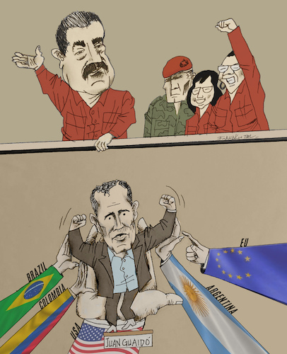 Cartoon: Towards a class war in Venezuela (medium) by firuzkutal tagged crisis,venezuela,latin,america,usa,president,maduro,juan,guaido,chavez,class,divisions,economic