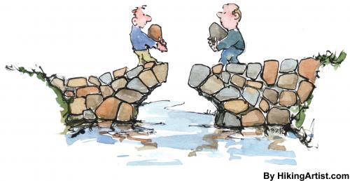 Cartoon: Building bridges (medium) by Frits Ahlefeldt tagged solutions,compromise,bridge,problems,pathfinder,river,businessman,mangager,innovation,market