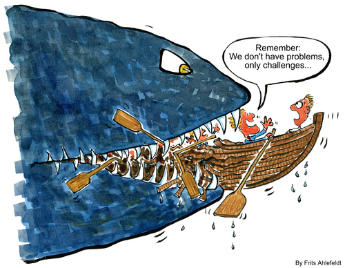 Cartoon: No problems only challenges fish (medium) by Frits Ahlefeldt tagged strategy,business,man,businessman,problems,crises,illustration,cartoon,comic