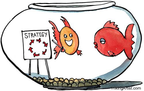 Cartoon: Strategy in a small goldfishBowl (medium) by Frits Ahlefeldt tagged fish,goldfish,strategy,life,people,consultant,plan,business,swim,fishes