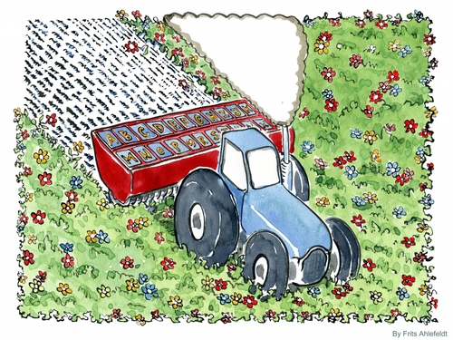 Cartoon: Words (medium) by Frits Ahlefeldt tagged civilization,education,words,alphabet,meadow,grass,understanding,knowledge,tractor