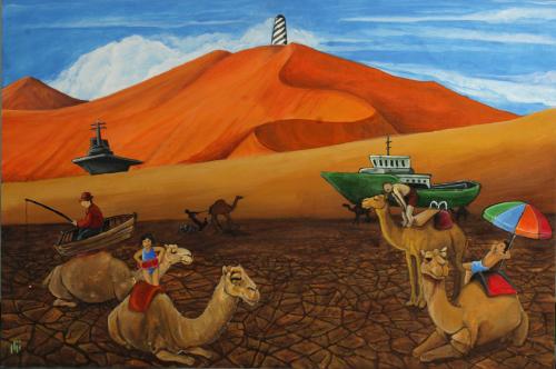 Cartoon: Future Sea (medium) by Nizar tagged camel,drought,dürre,trockenheit,trocken,wüste,heiß,hitze,warm,wärme,kamel,dromedar,landschaft,tiere,touristen,tourismus,angeln,see,wasser,meer,sonnen,sommer,ausruhen,chillen,freizeit,relaxen,zukunft,ausgetrocknet,klima,wassersport,sport,schiff,halluzination,vorstellung,wetter,fata,morgana