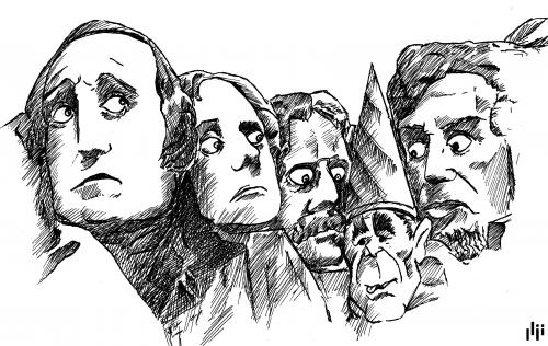 Cartoon: Mount Rushmore (medium) by Nizar tagged president,mountain,mount,rushmore,usa,sculpture,george,washington,thomas,jefferson,theodore,roosevelt,abraham,lincoln,father,land,bush,white,house,mount rushmore,usa,amerika,berg,gedenken,gedenkstätte,andenken,erinnerung,statue,stein,george washington,steinmetz,thomas jefferson,theodore roosevelt,abraham lincoln,george bush,weiße haus,präsidentschaft,präsident,ära,clown,kasper,politiker,mount,rushmore,george,washington,thomas,jefferson,theodore,roosevelt,abraham,lincoln,bush,weiße,haus