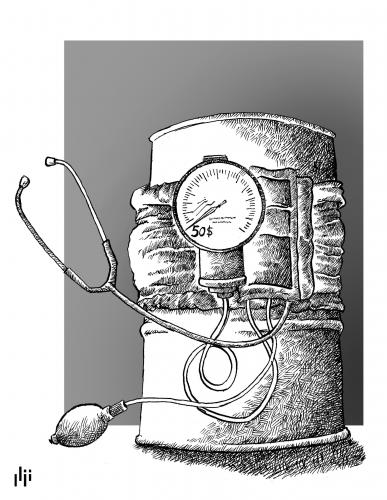 Cartoon: Oil Prices (medium) by Nizar tagged blood,pressure,oil,barrel,price,dollar,50,crude,low,energy,gas,stock,blut,patient,arzt,untersuchung,praxis,krankenhaus,blutdruck,druck,öl,energie,ressourcen,rohstoffe,dollar,geld,finanzen,wirtschaft,barrel,benzin,sprit,tankstelle,tanken,preise,ölpreise