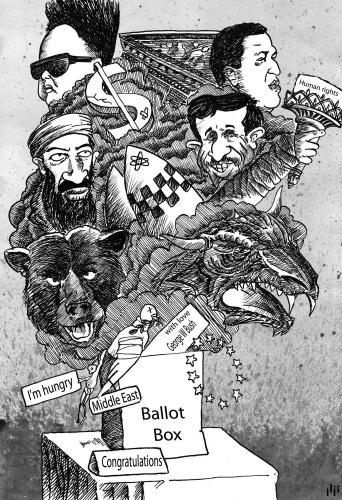 Cartoon: Pendora Box (medium) by Nizar tagged human,rights,africa,middle,east,congratulation,terrorism,terrorist,china,russia,bear,dragon,george,bush,ballot,box,dollar,wall,street,election,peace,pigeon,torch,freedom,lady,liberty,iran,osama,bin,laden,venezuela,north,korea,ahmadinejad,kim,jung,il,nucle,menschenrechte,rechte,menschen,gerechtigkeit,afrika,mittlerer osten,terrorismus,terror,terroristen,terrorist,anschlag,bedrohung,krieg,konflikt,konflikte politik,politiker,china,george bush,dollar,dax,börse,geld,finanzkrise,wirtschaft,wirtschaftskrise,wall street,wählen,wahlen,wahl,fried,hass,osama bin laden,iran,freiheit,kim jung il,regierung,freiheitsstatue,symbole,symbol,venezuela,nordkorea,atombombe,waffen,zerstörung,menschheit,gier,sünde,sünden,mittlerer,osten,konflikte,politik,george,bush,wall,street,osama,bin,laden,kim,jung,il