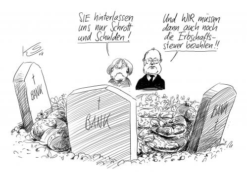 Cartoon: Erbschaft (medium) by Stuttmann tagged finanzkrise,wirtschaftskrise,rezession,bank,banker,banken,rettungspaket,milliarden,erbschaftssteuer,steinbrück,merkel,finanzkrise,wirtschaftskrise,finanzen,wirtschaft,krise,bank,banken,rezession,konjunktur,banker,rettungspaket,rettung,erbschaftssteuer,milliarden,peer steinbrück,finanzminister,steuer,steuerzahler,angela merkel,beerdigung,schulden,pleite,bankrott,erbschaft,peer,steinbrück,angela,merkel