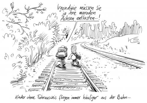 Cartoon: Fahrausweis (medium) by Stuttmann tagged sbahn,fahrausweise,bahn,bahntarife,kinder,kids,jugendliche,db,deutsche bahn,jugendliche,kinder,jugend,tickets,fahrschein,fahrausweis,geld,tarife,bahntarife,bahntarif,bahn,zug,reise,verreisen,urlaub,ferien,schwarzfahrer,schwarzfahren,rauswurf,aussetzen,verantwortung,deutsche