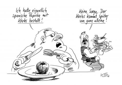 Cartoon: Krebs kommt von alleine (medium) by Stuttmann tagged lebensmittel,pestizide,krebs,spanische,paprika,,gastronomie,restaurant,gast,lebensmittel,essen,pestizide,gesundheit,krebs,krankheit,gemüse,paprika,pflanzenschutzmittel,biozid,schädlingsbekämpfung,wirkstoff,gift,verbraucherschutz