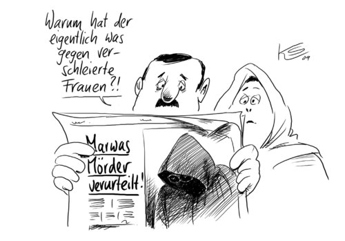 Cartoon: Marwas Mörder (medium) by Stuttmann tagged marwa,mörder,urteil,höchsstrafe,rassismus,fremdenfeindlichkeit,marwa,mörder,urteil,höchsstrafe,rassismus,fremdenfeindlichkeit,kriminalität,verbrechen,gewalt,tod,sterben,töten,verurteilung,frauen,kultur