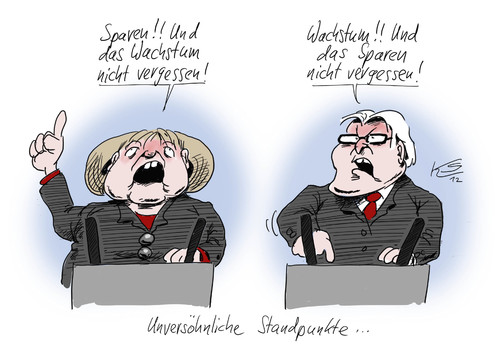 Cartoon: Unversöhnlich (medium) by Stuttmann tagged wachstum,sparen,steinmeier,merkel