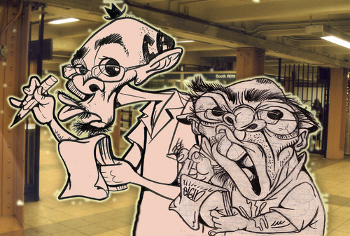 Cartoon: zombie caricature artists (medium) by subwaysurfer tagged cartoon,caricature,elgin,bolling,subway
