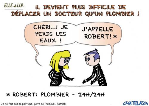 Cartoon: cheri je perds les eaux (medium) by chatelain tagged humour,eaux,plombier,docteur
