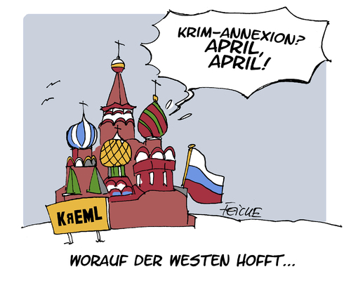 Cartoon: Aprilscherz (medium) by FEICKE tagged ukraine,krise,russland,putin,krim,annexion,hoffnung,april,aprilscherz,ukraine,krise,russland,putin,krim,annexion,hoffnung,april,aprilscherz