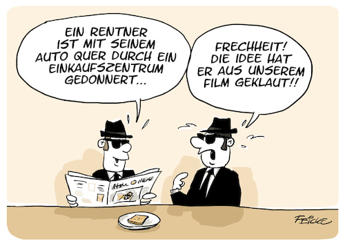 Cartoon: Blues Brothers im AEZ (medium) by FEICKE tagged unfall,rentner,einkauf,zentrum,alstertal,aez,blues,brothers,film,szene,unfall,rentner,einkauf,zentrum,alstertal,aez,blues,brothers,film,szene