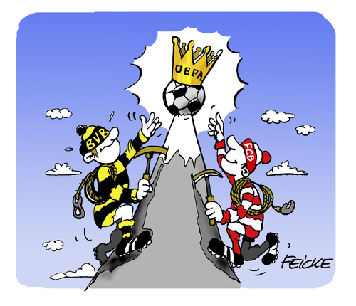 Cartoon: BVB gegen FCB (medium) by FEICKE tagged fc,bayern,borussia,dortmund,finale,champions,league,wembley,europa,krone,uefa,fussball,endspiel,vorfreude,gipfel,ball,fc,bayern,borussia,dortmund,finale,champions,league,wembley,europa,krone,uefa,fussball,endspiel,vorfreude,gipfel,ball