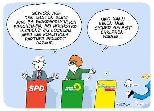 Cartoon: Corona Lockerungen widersprüchli (medium) by FEICKE tagged bundesregierung,ampal,spd,fdp,grüne,lockerungen,corona,bundesregierung,ampal,spd,fdp,grüne,lockerungen,corona