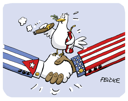 Cartoon: Cuba Usa handshake (medium) by FEICKE tagged cuba,kuba,usa,united,states,amerika,america,obama,peace,friedenstaube,cuba,kuba,usa,united,states,amerika,america,obama,peace,friedenstaube