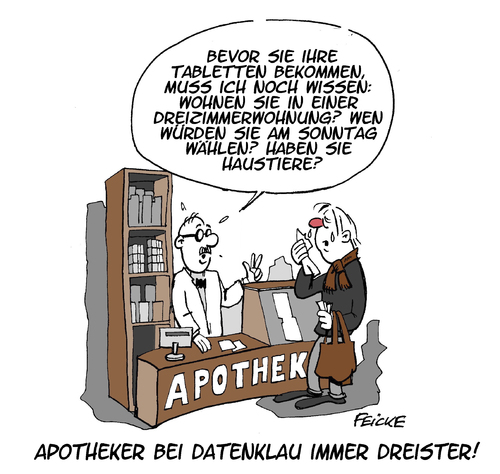 Cartoon: Datenklau in Apotheke (medium) by FEICKE tagged apotheke,skandal,daten,klau,weitergabe,medien,handel,patienten,kunden,krankheiten,datenschutz,apotheke,skandal,daten,klau,weitergabe,medien,handel,patienten,kunden,krankheiten,datenschutz