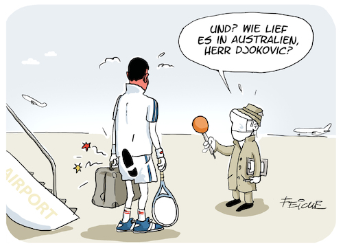 Cartoon: Djokovic australien (medium) by FEICKE tagged corona,pandmei,tennis,djokovic,ausweisng,australien,corona,pandmei,tennis,djokovic,ausweisng,australien
