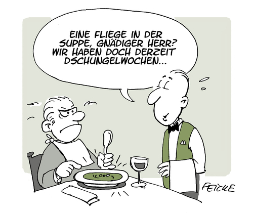 Cartoon: Dschungelcamp (medium) by FEICKE tagged tv,fernsehen,dschungelcamp,rtl,ekel,pruefungen,essen,tv,fernsehen,dschungelcamp,rtl,ekel,pruefungen,essen