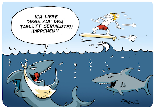 Cartoon: Häppchen (medium) by FEICKE tagged hai,meer,urlaub,surfer,vorspeise,hai,meer,urlaub,surfer,vorspeise