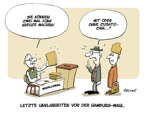 Cartoon: Hamburg vor der Wahl (medium) by FEICKE tagged hansestadt,hamburg,wahl,bürgerschaft,parteien,wahlzettel,system,lotto,zusatzzahl,scholz,wersich,feicke,grün,gal,spd,cdu,alternative,rathaus,landtag,hansestadt,hamburg,wahl,bürgerschaft,parteien,wahlzettel,system,lotto,zusatzzahl,scholz,wersich,feicke,grün,gal,spd,cdu,alternative,rathaus,landtag