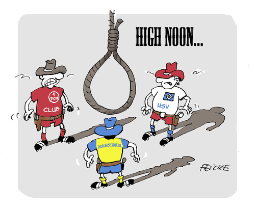 Cartoon: High Noon (medium) by FEICKE tagged duell,western,high,noon,fussball,bundesliga,finale,abstieg,abstiegskampf,gringo,hamburg,hamburger,sv,hsv,braunschweig,eintracht,nürnberg,club,duell,western,high,noon,fussball,bundesliga,finale,abstieg,abstiegskampf,gringo,hamburg,hamburger,sv,hsv,braunschweig,eintracht,nürnberg,club