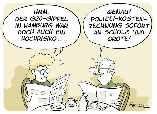 Cartoon: Hochrisiko Kosten (medium) by FEICKE tagged hamburg,polizei,g20,20,gipfel,randale,krawalle,demonstrationen,demo,kosten,olaf,scholz,andy,grote,hamburg,polizei,g20,20,gipfel,randale,krawalle,demonstrationen,demo,kosten,olaf,scholz,andy,grote