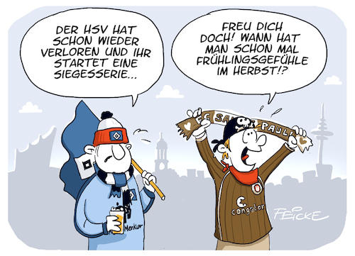 Cartoon: HSV FCSP Frühlingsgefühle (medium) by FEICKE tagged hamburg,bundesliga,zwei,verein,hsv,sportverein,fc,sankt,pauli,fussball,fußball,hamburg,bundesliga,zwei,verein,hsv,sportverein,fc,sankt,pauli,fussball,fußball