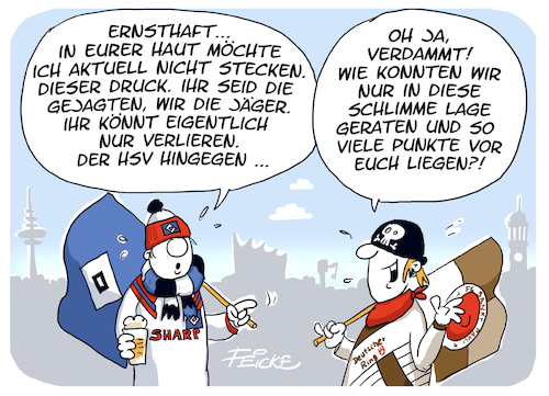 Cartoon: HSV FCSP Psychospielchen (medium) by FEICKE tagged hamburg,bundesliga,zwei,verein,hsv,sportverein,fc,sankt,pauli,fussball,fußball,dfl,dfb,aufstieg,fans,hamburg,bundesliga,zwei,verein,hsv,sportverein,fc,sankt,pauli,fussball,fußball,dfl,dfb,aufstieg,fans