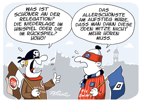 Cartoon: HSV Relegation I (medium) by FEICKE tagged hamburg,bundesliga,zwei,verein,hsv,sportverein,fc,sankt,pauli,fussball,fußball,dfl,dfb,aufstieg,witze,relegation,hamburg,bundesliga,zwei,verein,hsv,sportverein,fc,sankt,pauli,fussball,fußball,dfl,dfb,aufstieg,witze,relegation