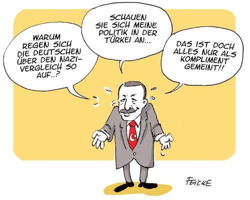 Cartoon: Kompliment (medium) by FEICKE tagged erdogan,türkei,deutschland,merkel,nazi,vergleich,erdogan,türkei,deutschland,merkel,nazi,vergleich