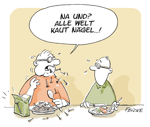 Cartoon: Nägel (medium) by FEICKE tagged wortspiel,nagel,finger,essen,wortspiel,nagel,finger,essen