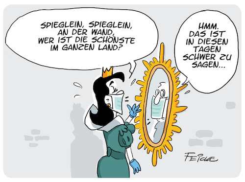 Cartoon: Schneewittchen Corona (medium) by FEICKE tagged märchen,grimm,corona,spiegel,märchen,grimm,corona,spiegel
