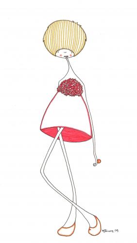 Cartoon: Red ruffles (medium) by maicen tagged red,illustration,drawing,maicen,norway,hair,fashion,dress,legs,shoes