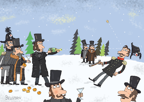 Cartoon: Duell (medium) by Sergei Belozerov tagged duell,zweikampf,sekt,champagner,schaumwein,puschkin,schampus,neujahr,scharfschütze