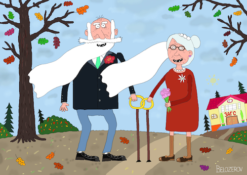 Cartoon: Frisch verheiratet (medium) by Sergei Belozerov tagged mann,frau,ehepaar,familie,hochzeit,ehe,schleier,bart,eheringe