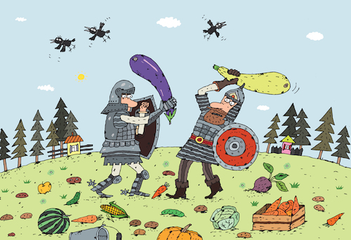 Cartoon: Kampf um die Ernte (medium) by Sergei Belozerov tagged harvest,ernte,zucchini,eggplant,vegetarier,knight,sword,schwert,schlacht,battle,fight,armor