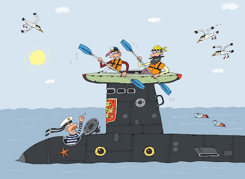 Cartoon: Tiefes Blaues Meer (medium) by Sergei Belozerov tagged kayak,submarine,sailor,seemann,abenteuer,paddel,canoe,wasser