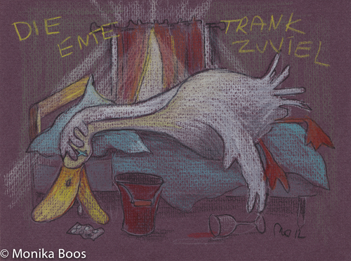 Cartoon: Drunken Duck (medium) by monika boos tagged alcohol,hangover,the,day,after,duck,kater