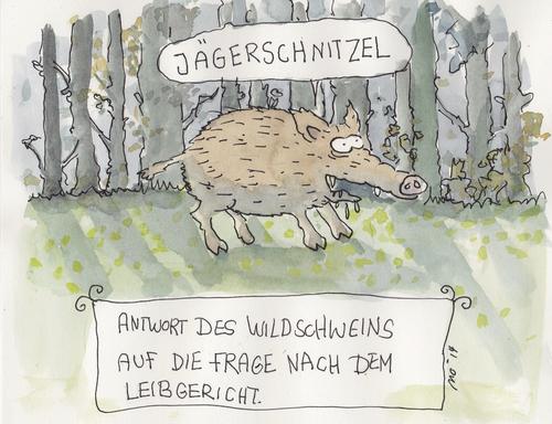 Cartoon: Jägerschnitzel (medium) by monika boos tagged vegan,jagd,wildschwein,schnitzel,jäger