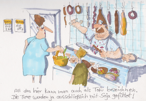 Cartoon: Tofuschwein (medium) by monika boos tagged tofu,fleisch,vegan,vegetarier,schwein,futter,metzger
