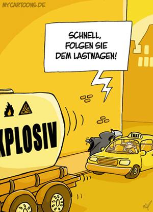 Cartoon: Todesfahrt (medium) by mil tagged tod,taxi,taxifahrt,lastwagen,explosiv,gefahrgut,gefährlich,verfolgung
