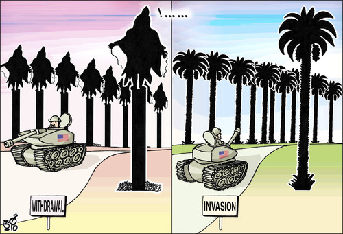 Cartoon: USA Army Withdrawal (medium) by samir alramahi tagged iraq,usa,army,invasion,withdrawal,abu,gharib,arab,ramahi,cartoon
