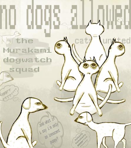 Cartoon: No dogs allowed! (medium) by Walraven tagged peewee,gonzoid,murakami,dog,cat,fight,squad