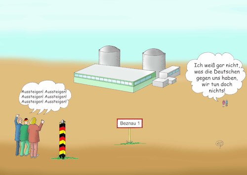 Cartoon: AKW-Fossil Beznau 1 (medium) by Erwin Pischel tagged akw,atomkraftwerk,beznau,kernreaktor,schweiz,deutschland,atomenergie,gefahr,strom,radioaktivitaet,gau,zwischenfall,abschalten,ausschalten,pischel,el